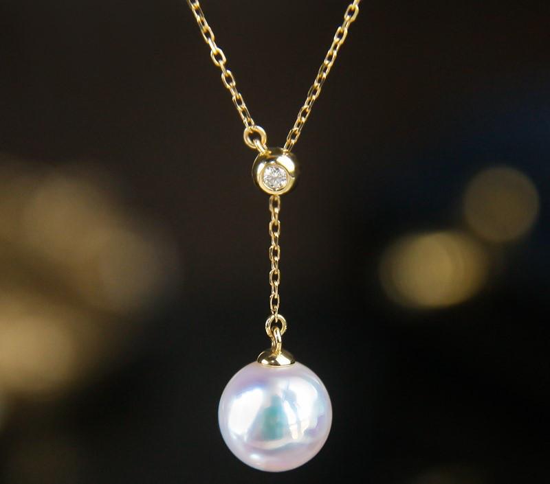 【La Corser】日本製 7.5-10mm アコヤ天然海水真珠ペンダントネックレス 18Kゴールド ダイヤモンドデザイン 女