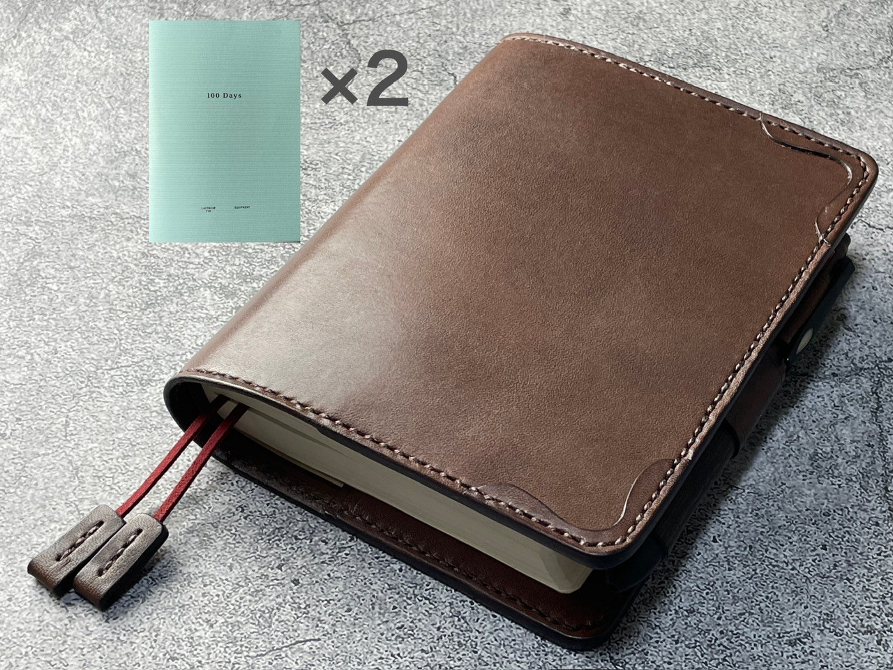 【手縫】ラコニック(Laconic) 手帳A5用チョコ本革手帳カバー（角花飾）2本しおり付き（バタフライストッパー）