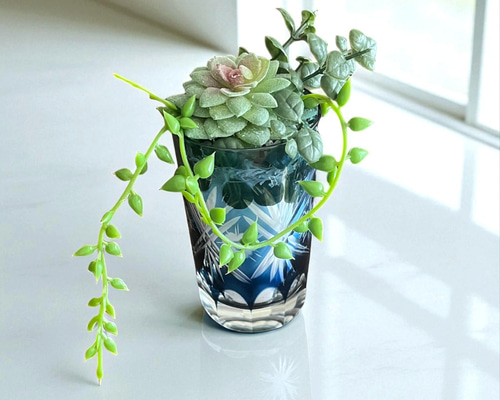 訳あり再生品＞切子硝子 濃青 フェイクグリーン 被せガラス 多肉植物