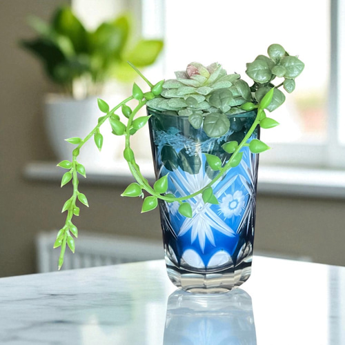 青色被せ 切子 ガラス】花瓶 カット カガミクリスタル 各務硝子 矢来重