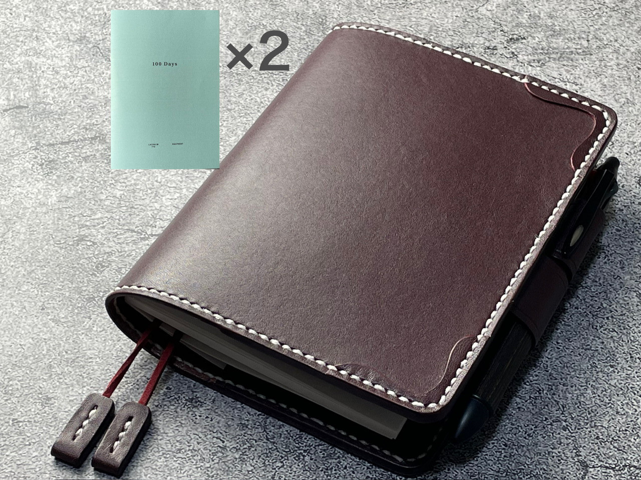 【手縫】ラコニック(Laconic) 手帳A5用ワインレッド本革手帳カバー（角花飾）2本栞付（バタフライストッパー）