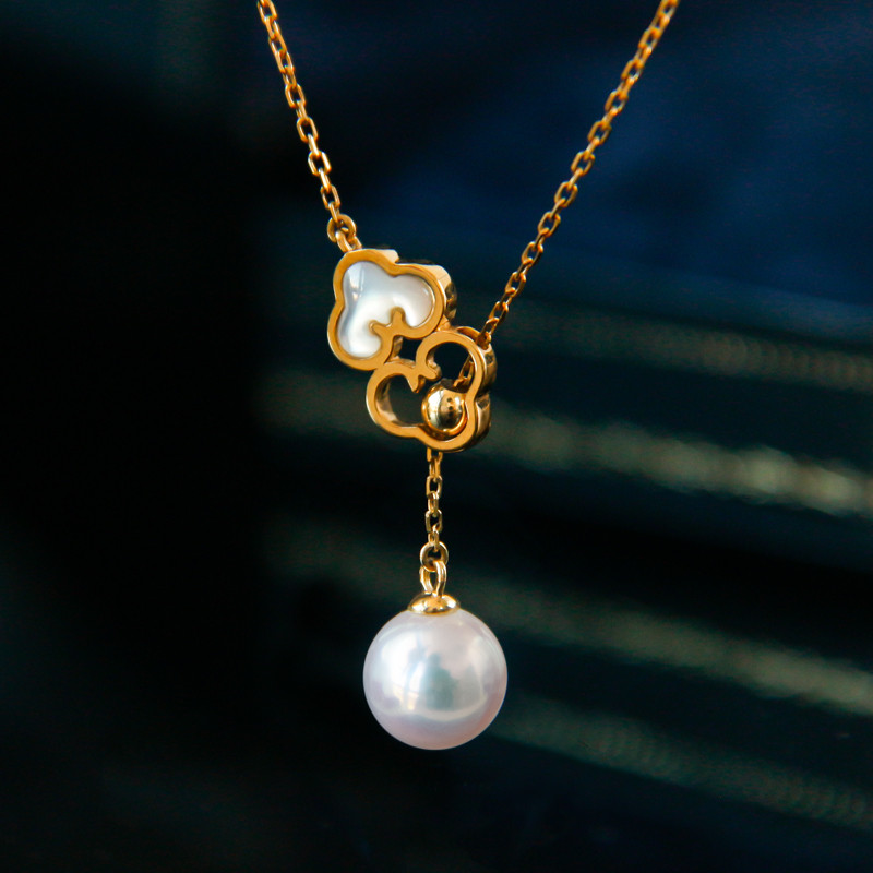 【La Corser】吉兆雲螺鈿デザイン 7.5-13mm アコヤ南洋ゴールドビーズペンダントネックレス 18Kゴールド 天然海