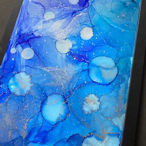 No.114 アルコールインクアート 原画 A4サイズ 青 シルバー 水玉 絵画