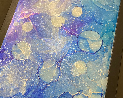 フラワーアート　インテリア　A4 原画　青　瑠璃色　アルコールインクアート No.114 アルコールインクアート 原画 A4サイズ 青 シルバー 水玉 絵画