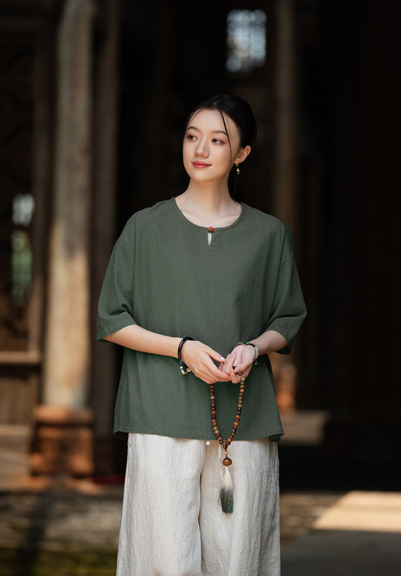 tilt The authentics リネンプルオーバーシャツ ダークグリーン SOFT