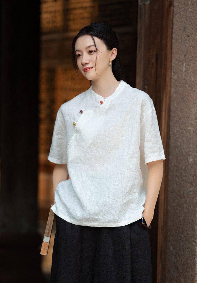 100%亜麻 偏襟立領茶服シャツ ホワイト 8387