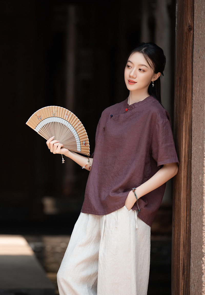 100%亜麻 偏襟立領茶服シャツ 禅紫 8387