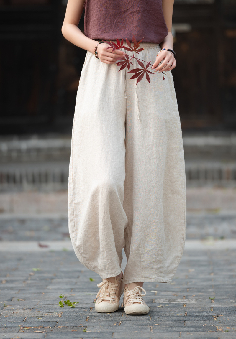 100%亜麻 九分丈ランタンパンツ 原麻色 6223