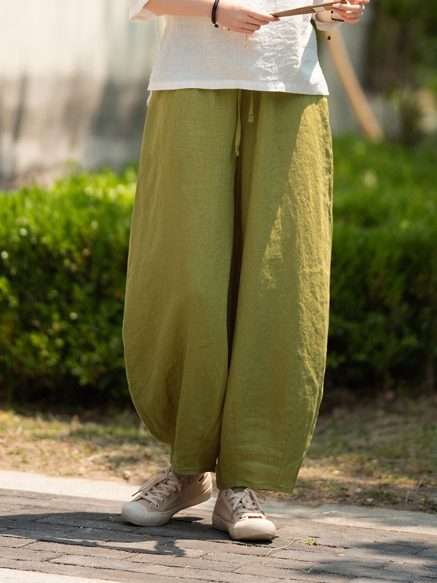 100%亜麻 九分丈ランタンパンツ マスタードグリーン 6223