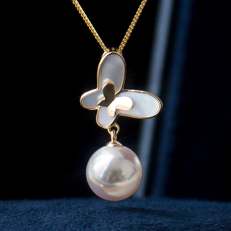 【La Corser】日本製 8.5-9mm アコヤ真珠 天然海水真珠ペンダント ホワイトマザーオブパール バタフライセット 1