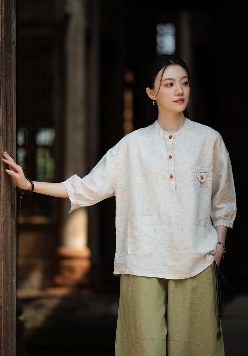 100%亜麻 立領盤釦シャツ 麻色 8385