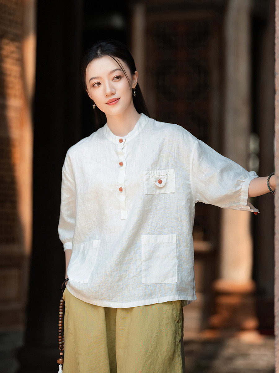 100%亜麻 立領盤釦シャツ ホワイト 8385