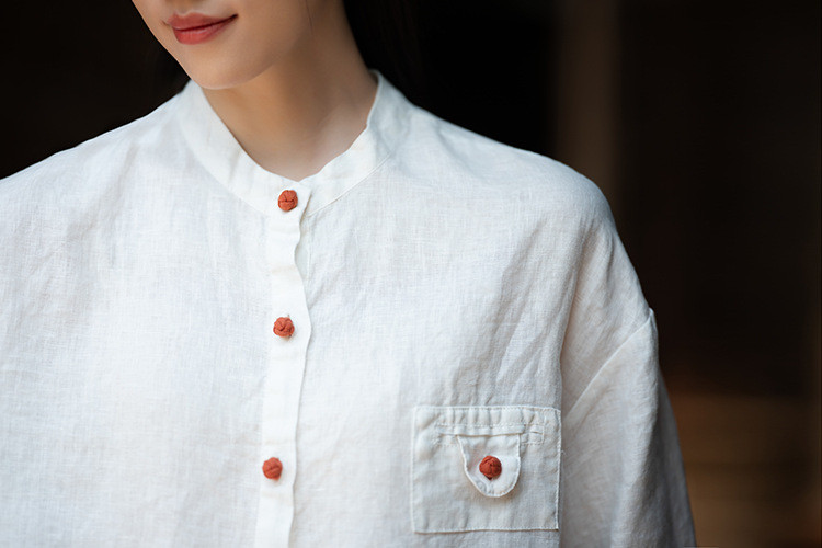 100%亜麻 立領盤釦シャツ ホワイト 8385