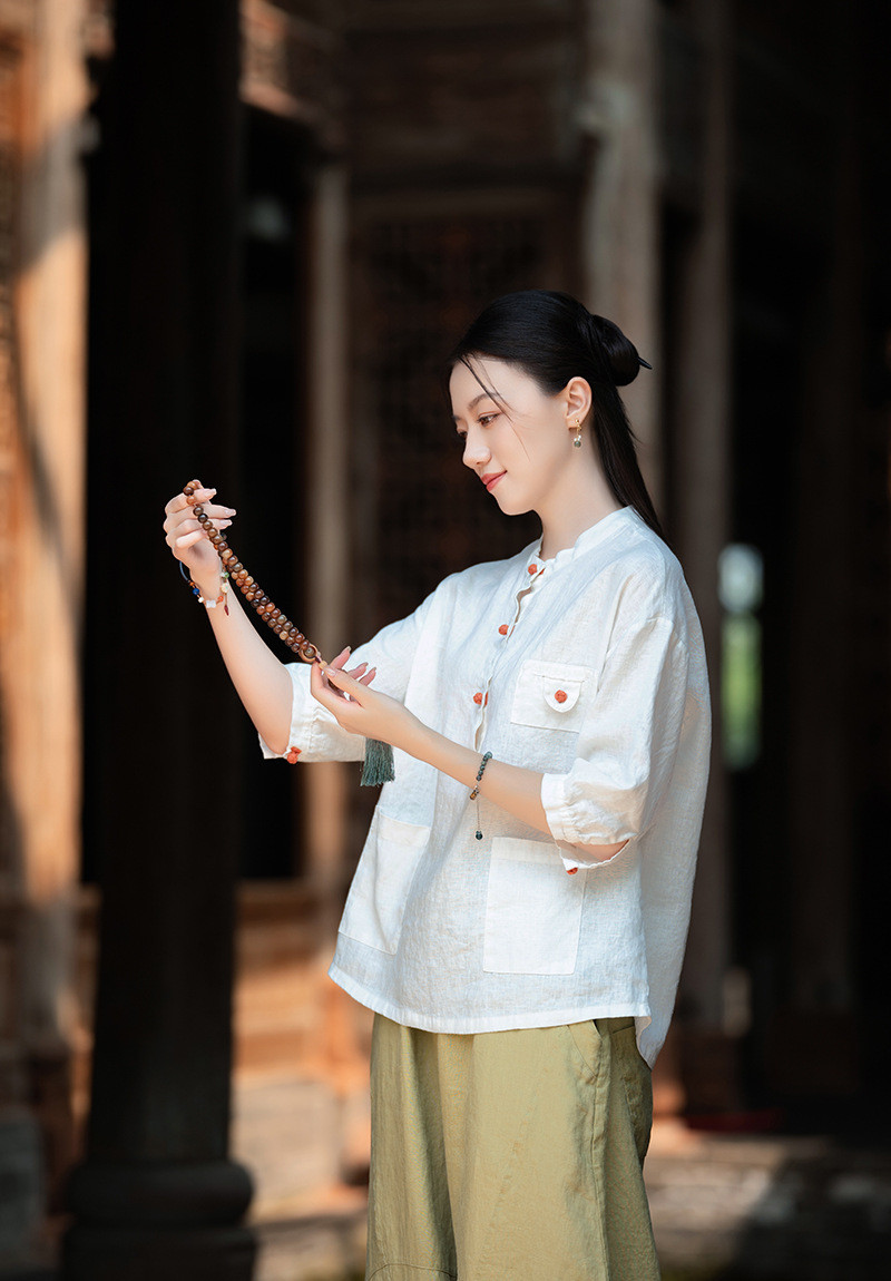 100%亜麻 立領盤釦シャツ ホワイト 8385