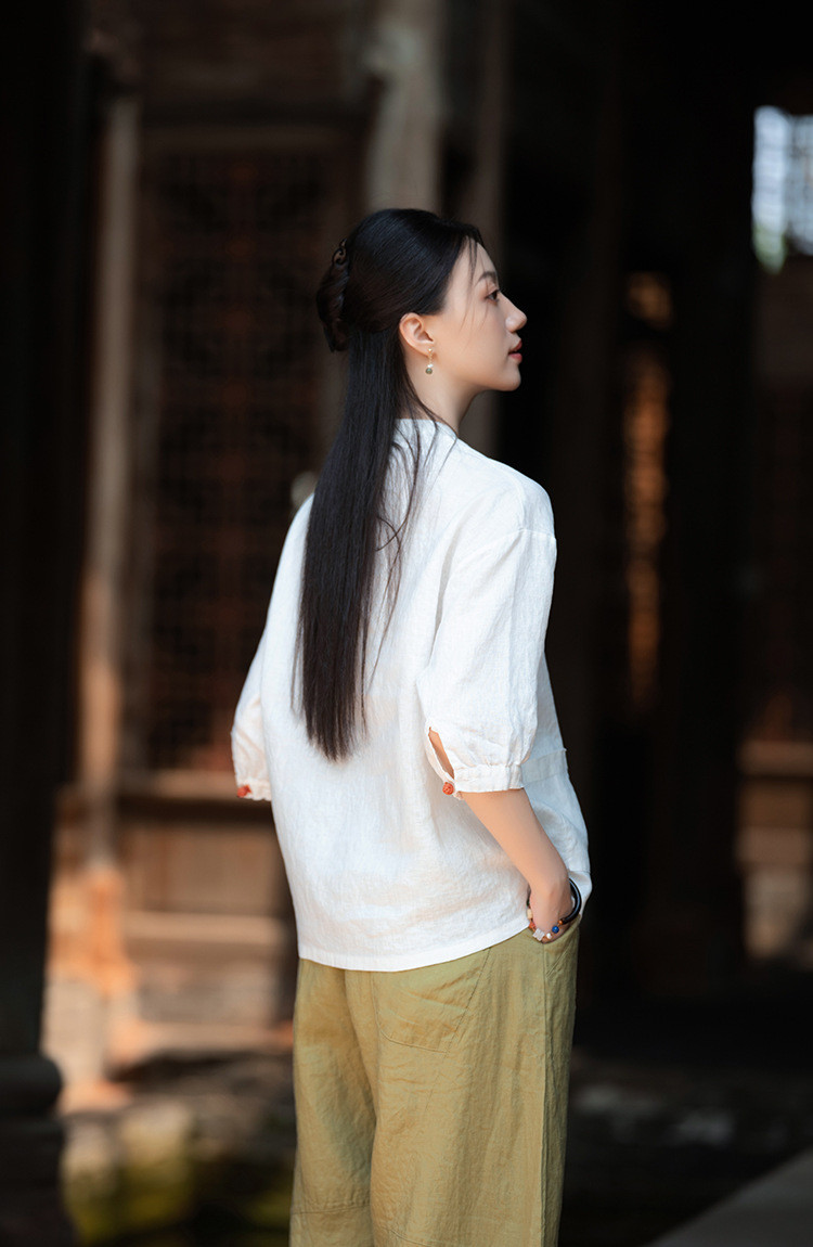 100%亜麻 立領盤釦シャツ ホワイト 8385