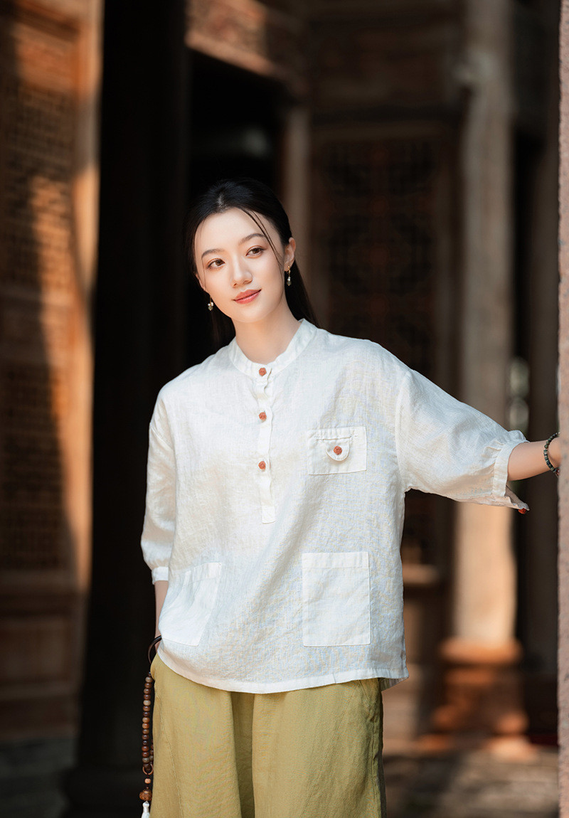 100%亜麻 立領盤釦シャツ ホワイト 8385