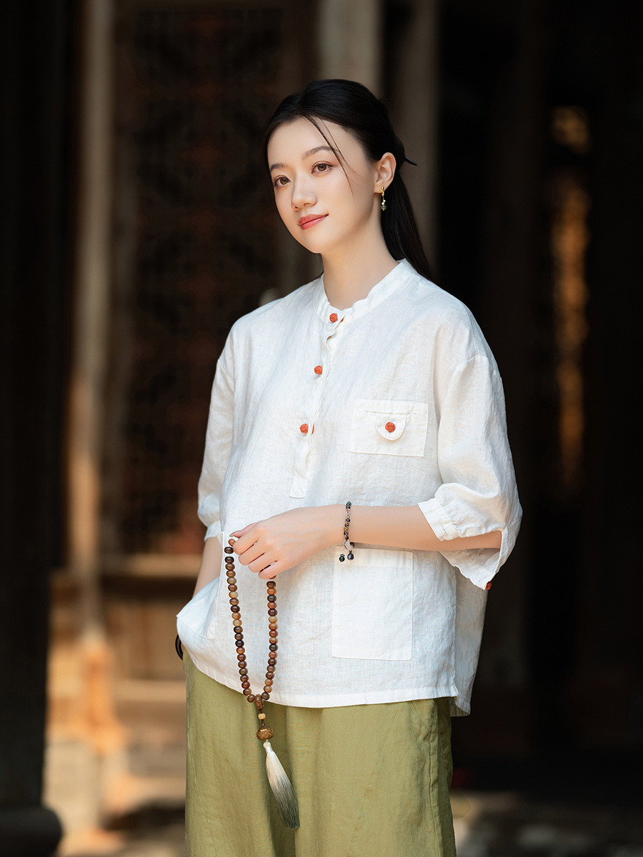 100%亜麻 立領盤釦シャツ ホワイト 8385