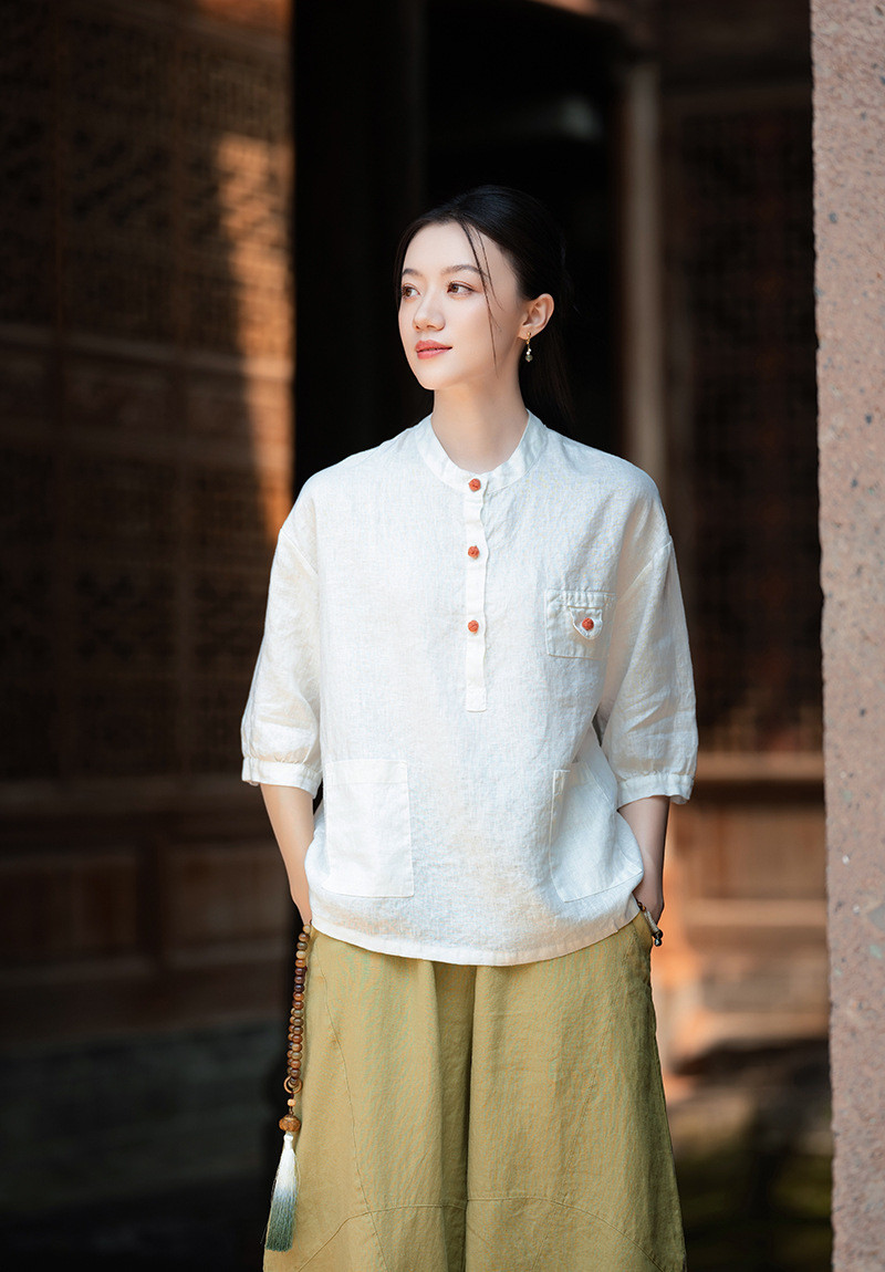 100%亜麻 立領盤釦シャツ ホワイト 8385