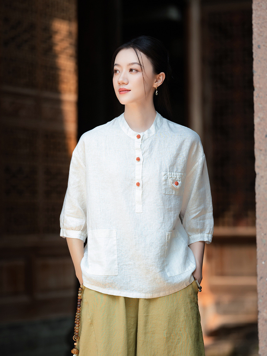 100%亜麻 立領盤釦シャツ ホワイト 8385