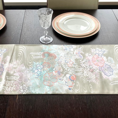 エクリンA389★高級‼️沈金箔‼️袋帯テーブルランナー2ｍ20cm プラチナ箔 着物 帯 テーブルランナー PTR005 その他キッチン