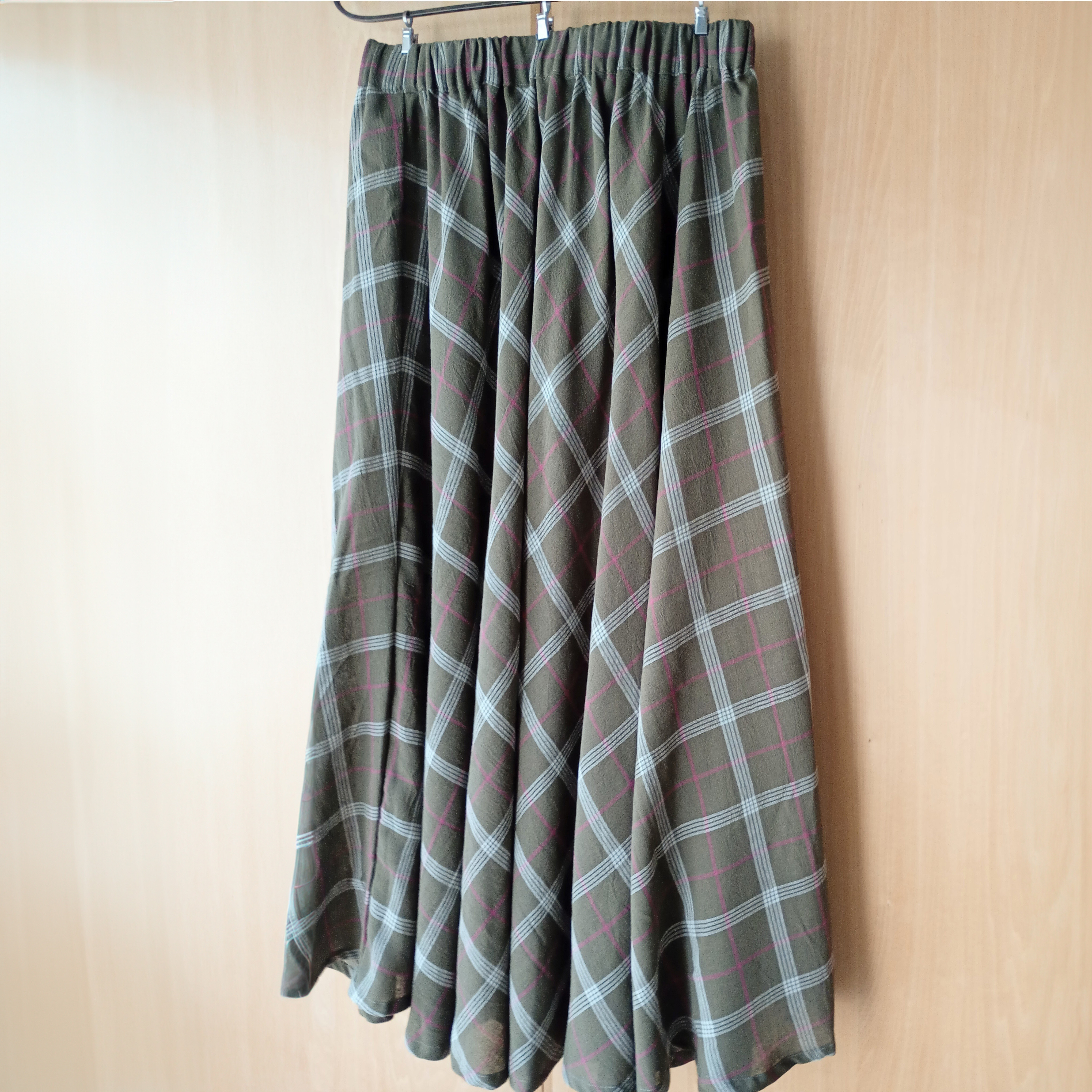 涼しげな透け感　さらっとした綿100% タータンチェックフレアスカート【カーキ】綿100%ペチコートセットあり