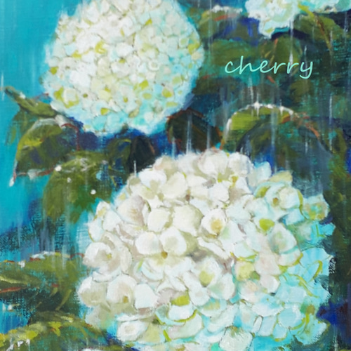 【一点物】『　エモーショナル　』油絵 F3号　油彩　油画　絵画　インテリアアート 一点物】『 雨音と白い紫陽花 』油絵 F3号 油彩 油画 絵画