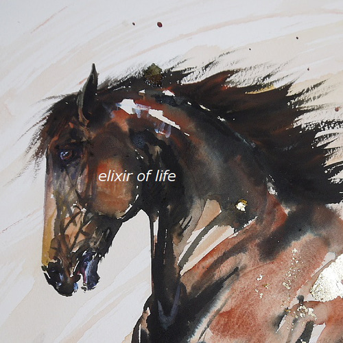 自由。駈ける野生な馬2025」墨、アクリル、水彩、金箔、高級水彩画