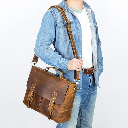 手作りの牛革レトロビジネスバッグ 本革の通勤用パソコンバッグ