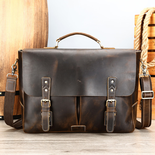 手作りの牛革レトロビジネスバッグ 本革の通勤用パソコンバッグ