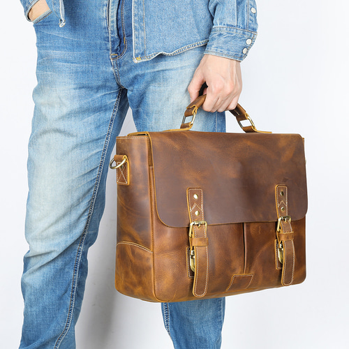 手作りの牛革レトロビジネスバッグ 本革の通勤用パソコンバッグ