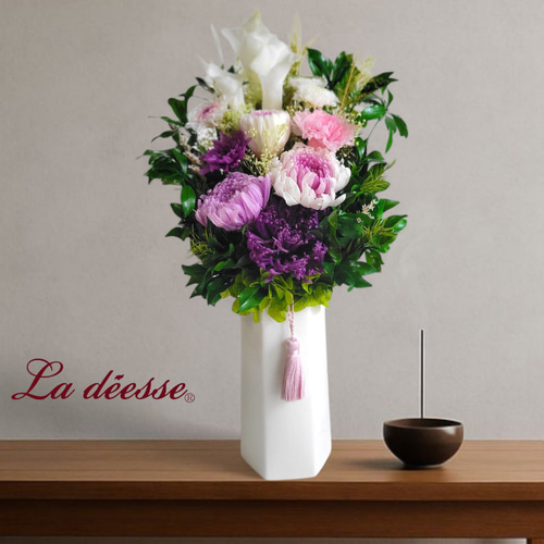 プリザーブドフラワー仏花　彼岸お供え花　お仏壇花　花器一体型 お彼岸に|仏壇に品よく咲く優しい大きなお供え仏花プリザーブド