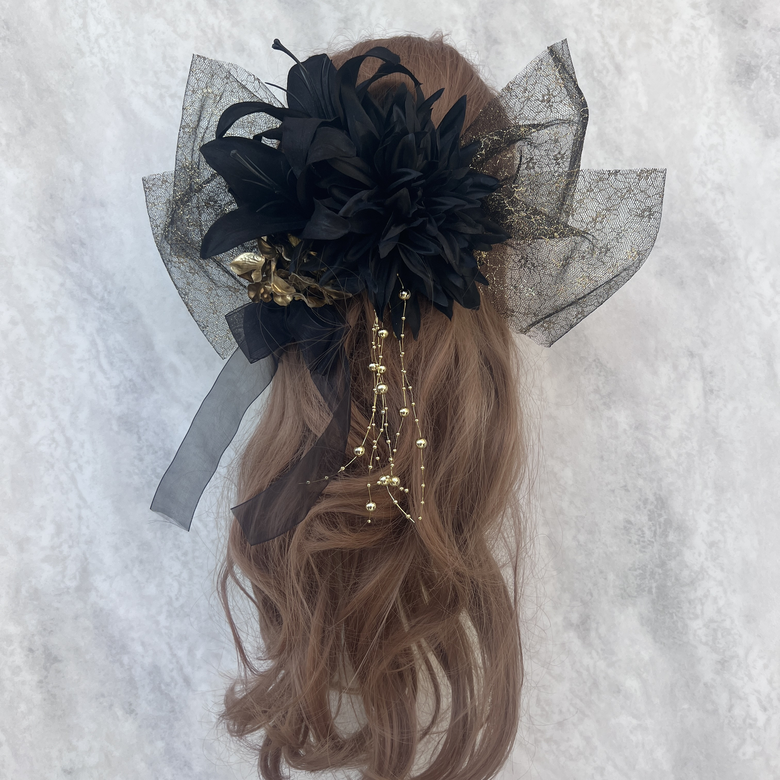 hr78 ゆり ダリア ゴールド 黒 和装 髪飾り 成人式 着物 振袖 結婚式