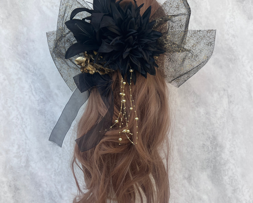 hr78 ゆり ダリア ゴールド 黒 和装 髪飾り 成人式 着物 振袖 結婚式