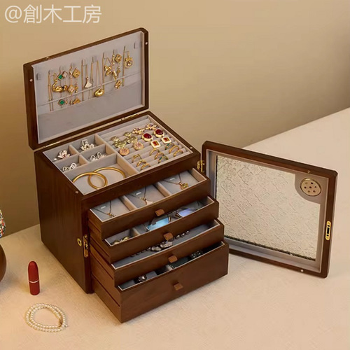 木製ジュエリーボックス 花柄グラス付き扉 大容量 アクセサリーケース