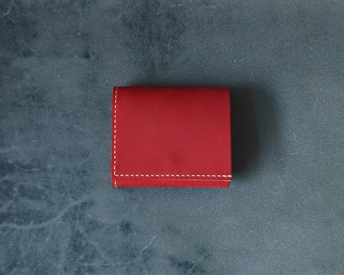 コンパクト3つ折り財布 ハンドメイド イタリアンレザー ヌメ革 赤