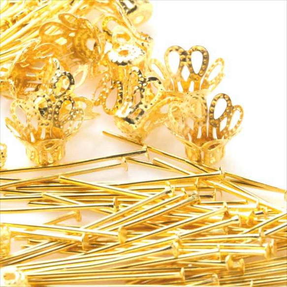 Bead cap &amp; T-pin &amp; 9-pin 5 types set / gold washer 花座 t- 第3張的照片