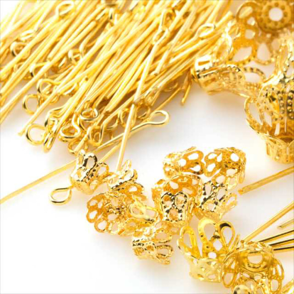 Bead cap &amp; T-pin &amp; 9-pin 5 types set / gold washer 花座 t- 第2張的照片