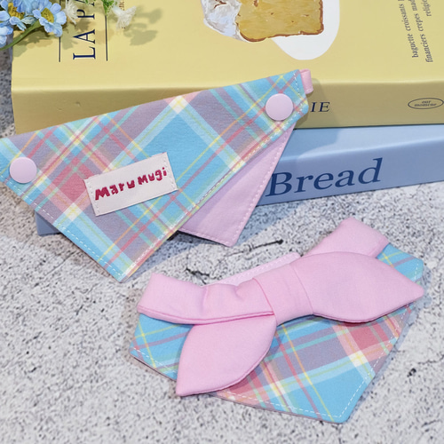 送料無料】ピンクチェック♡2点セットポンポンつけ襟スタイ&ふりふり