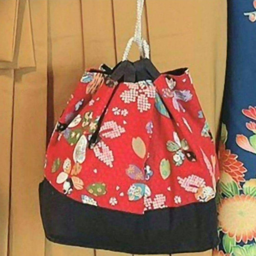 ハンドメイド、和柄、花柄の巾着袋、巾着カバン、オレンジ 巾着