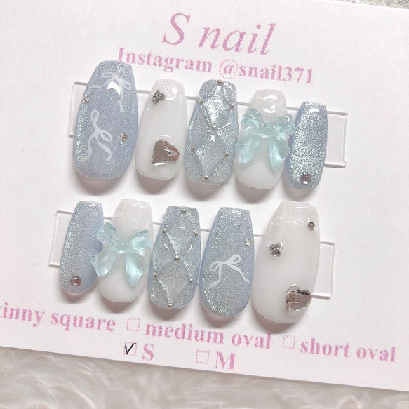 ネイルチップ 水色 キルティング マグネットネイル リボン 韓国 ワン