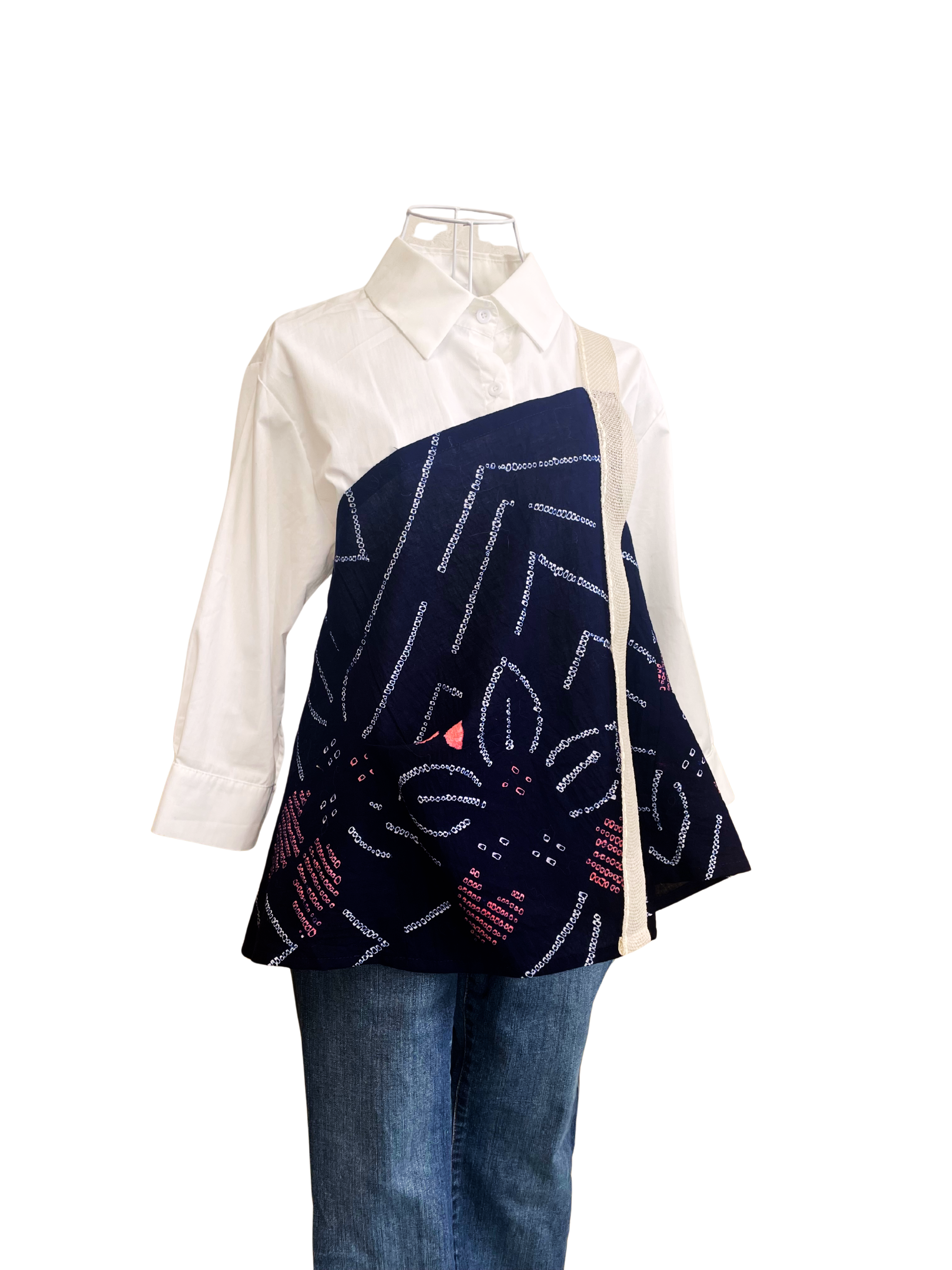 浴衣絞りのリゾートラップトップ｜アシンメトリーベスト［藍／一点物］