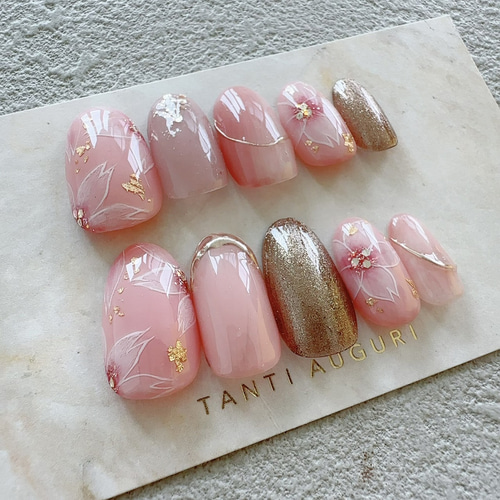 高級品 桜 ネイルチップ サクラ 花柄 ピンク色 春色 贅沢 入学式 卒業