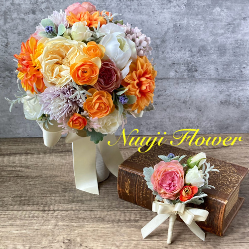 R ピオニーブーケ クラッチブーケ ウエディングブーケ ラウンドブーケ ホワイト×クリームピオニーのラウンドクラッチブーケ | mille la