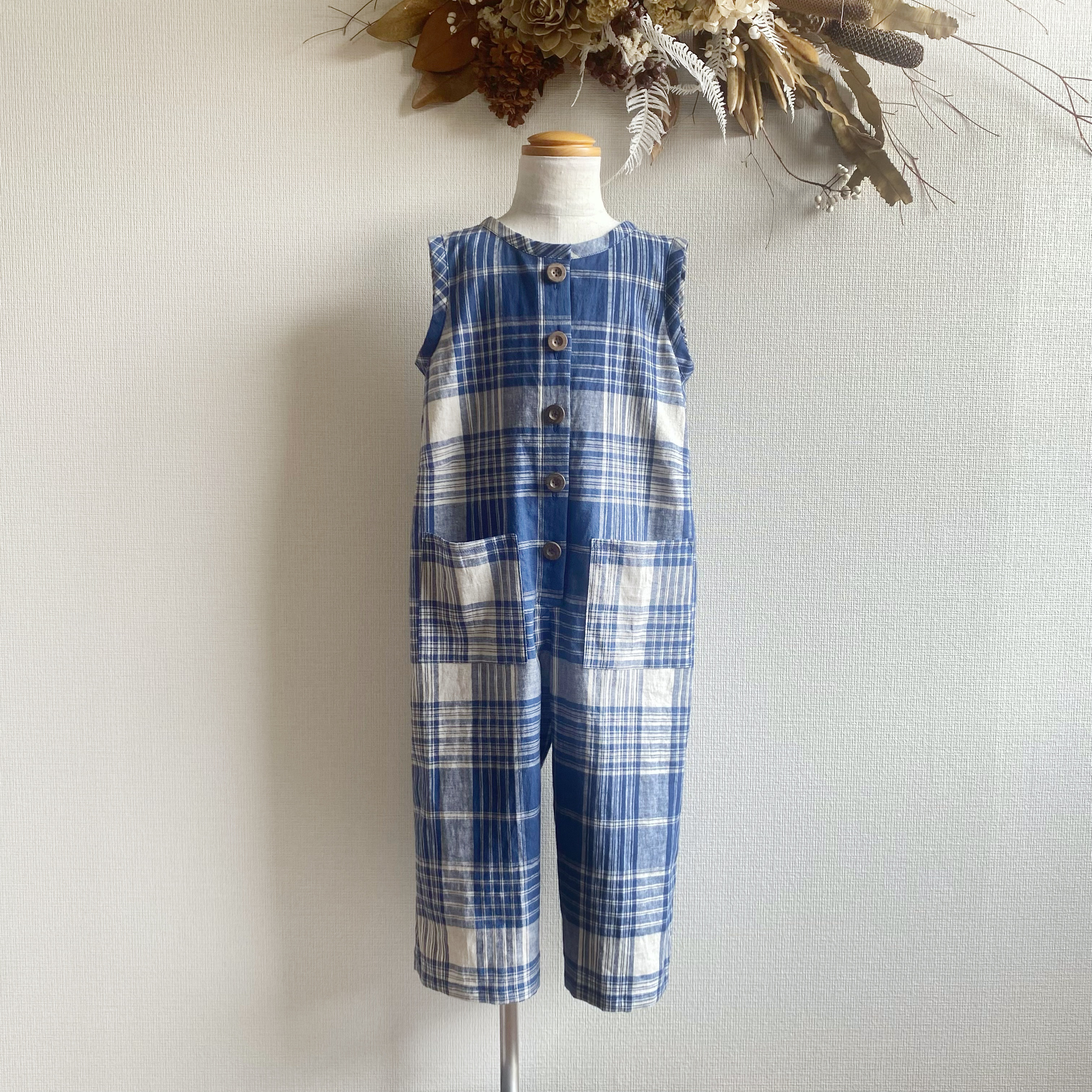 国産綿麻 遊び着に♪ボタンが選べる爽やかオールインワン【青チェック】 【播州織】
