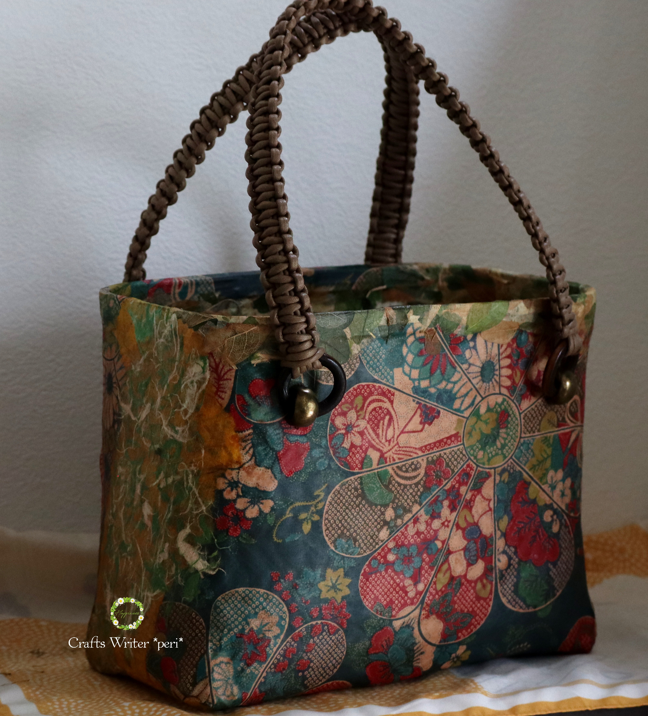 ☆一閑張りバッグ＊華やかフラワー＊グリーン☆