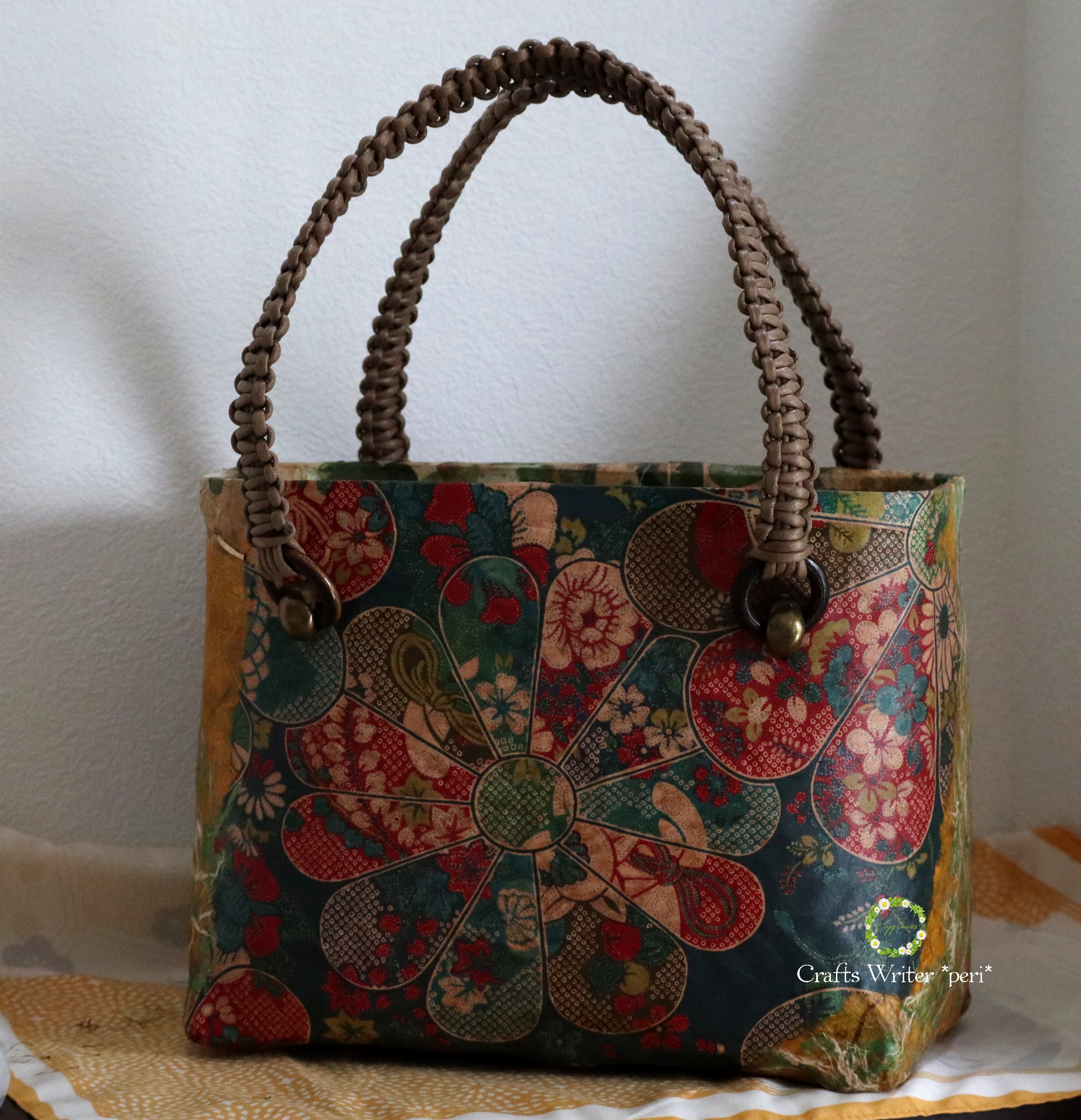 ☆一閑張りバッグ＊華やかフラワー＊グリーン☆