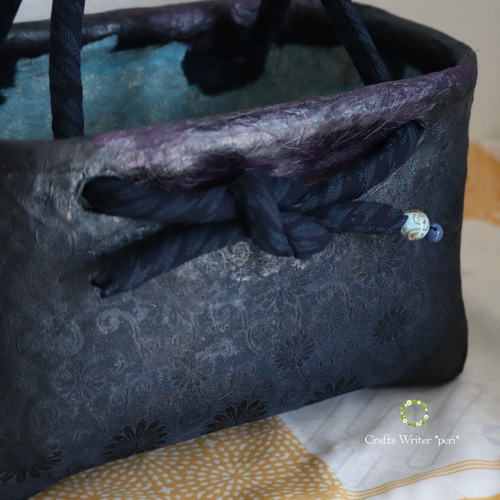 一閑張りバック、ネイビー レース刺繍 ☆新作☆一閑張りバッグ＊夏着物レース地＊ネイビー☆ かごバッグ 工芸