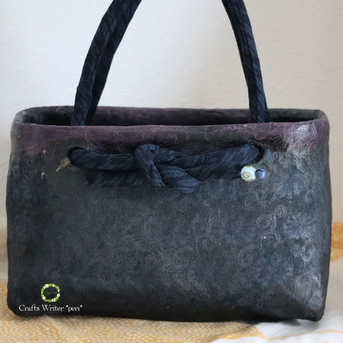 一閑張りバック、ネイビー レース刺繍 ☆新作☆一閑張りバッグ＊夏着物レース地＊ネイビー☆ かごバッグ 工芸