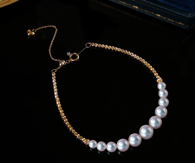 【La Corser】三日月セット 日本製 4-7.5mm アコヤ 天然海水真珠ブレスレット 18Kゴールド 調節可能デザイン