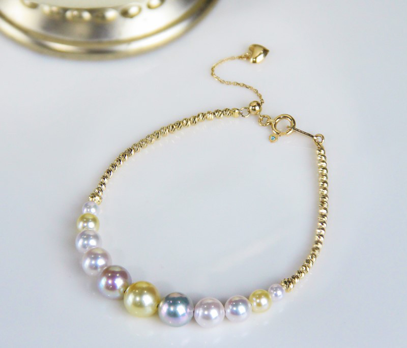 【La Corser】三日月セット 3-7.5mm アコヤ ミックスカラー 天然海水真珠ブレスレット 18Kゴールドデザイン 天